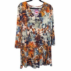 Colorful Emerald Multicolor Tie-Dye Latticed V-Neck L/S Shift Dress Size L NWT